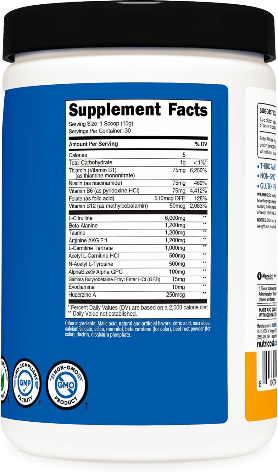 Nutricost-Pre-entreno sin cafeina- 1 Libra-Peach Mango