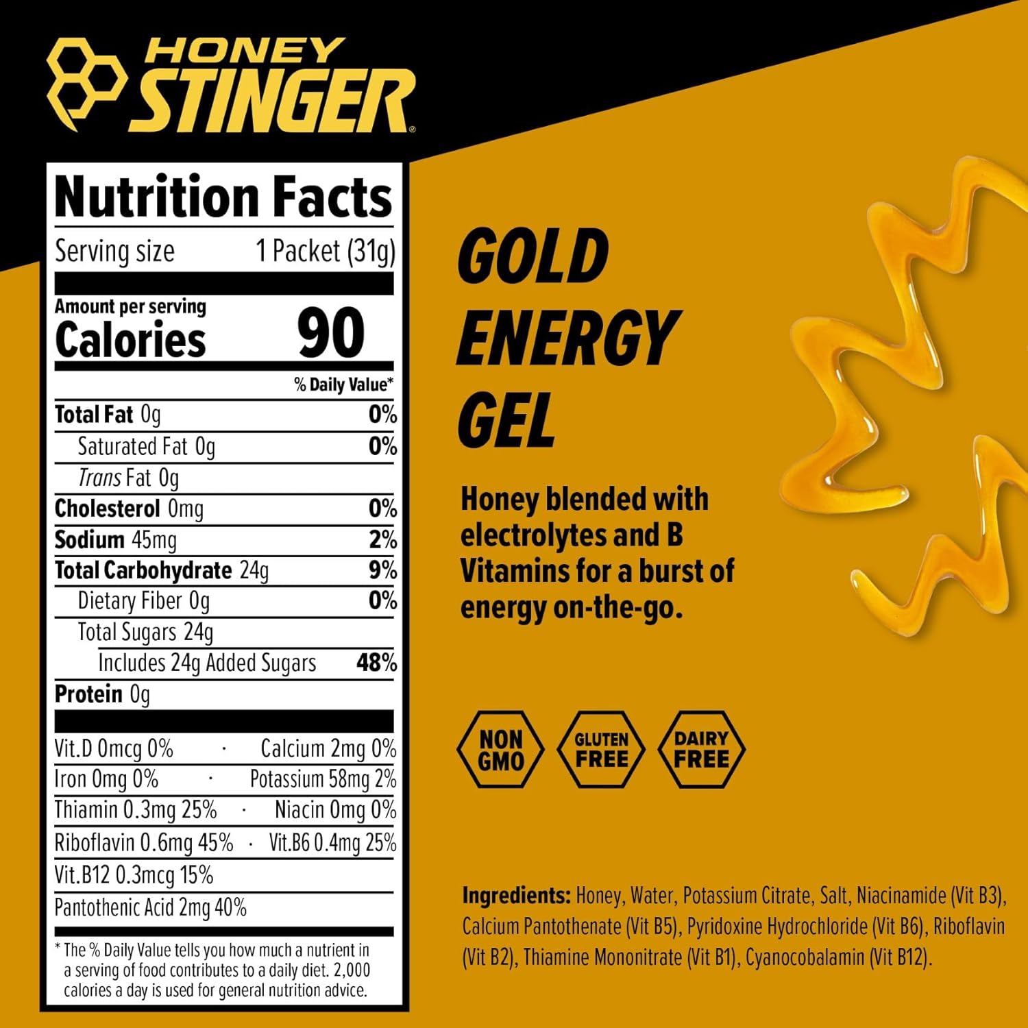 Honey Stinger Energy Gel sin cafeína 24 sobres – Miel